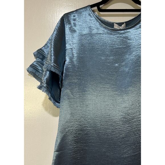 S'EDGE Easton Dress Metallic Blue Sateen Size Small NWT Tiered Short Sleeves - Picture 5 of 15